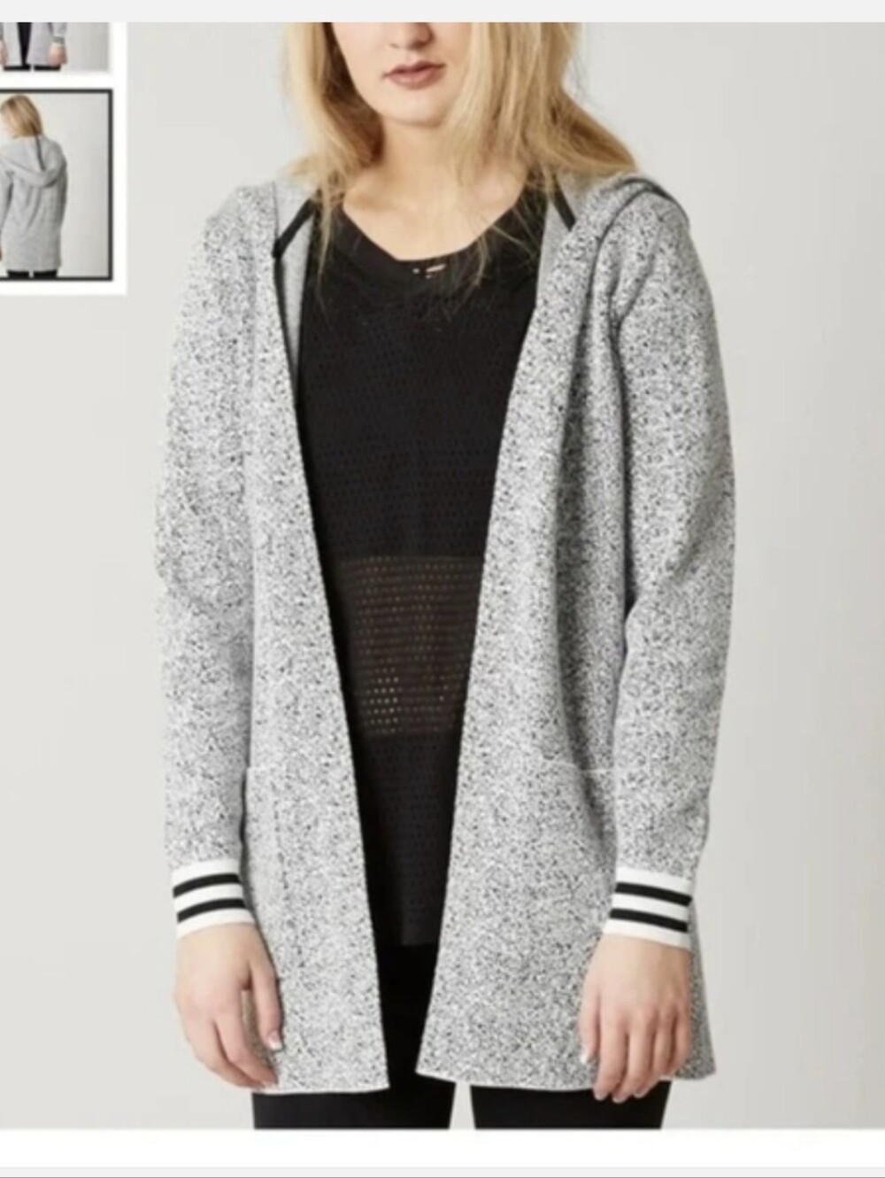 Bench Gray Hooded Open-Front Cardigan with Black Stripe Cuffs